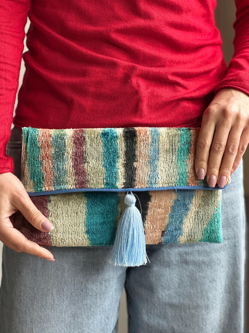 Rainbow Ikat Uzbek Velvet Clutch: Handwoven Art Fabric Silk Handbag with Tassel image 1