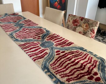 Handwoven Uzbek Silk Velvet Ikat Table Runner: Red Blue Traditional Fabric