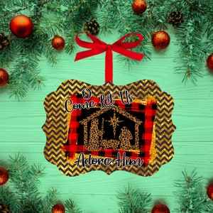 Benelux oh come let us adore him manger ornament design gold and red plaid  sublimation PNG file Please Read Description