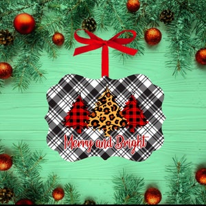 Benelux Merry Christmas ornament design black and white plaid with cheetah and red plaid Christmas trees sublimation PNG file