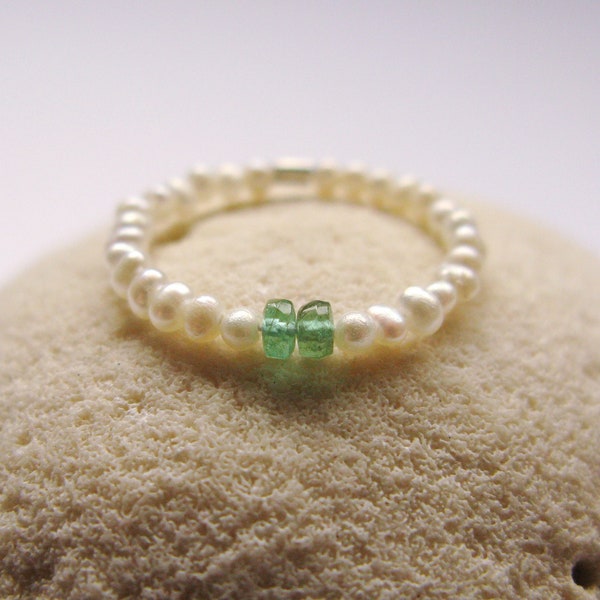 Natural emerald pearl ring-Tiny pearl band-dainty rice pearl stacking rings-tiny cultured pearl eternity band ring-emerald pearl ring