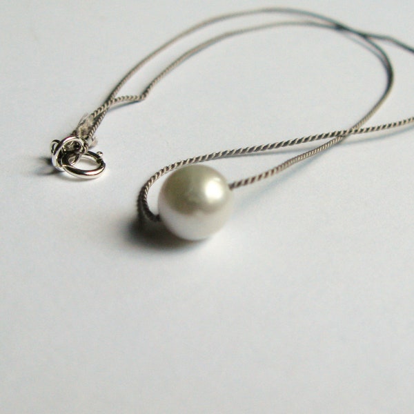 Simple pearl and silk thread necklace-minimalist silver pearl necklace in silk thread-freshwater cultured pearl choker-minimal peal jewelry