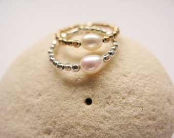 Freshwater pearl ring-pearl stacking ring-gold beads stacking ring-thin band ring-white pearl ring- dainty bead ring