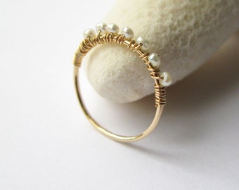 Thin band ring-Delicate cultured pearls gold filled stacking ring-pearl eternity band gold filled thin ring-seed pearls ring