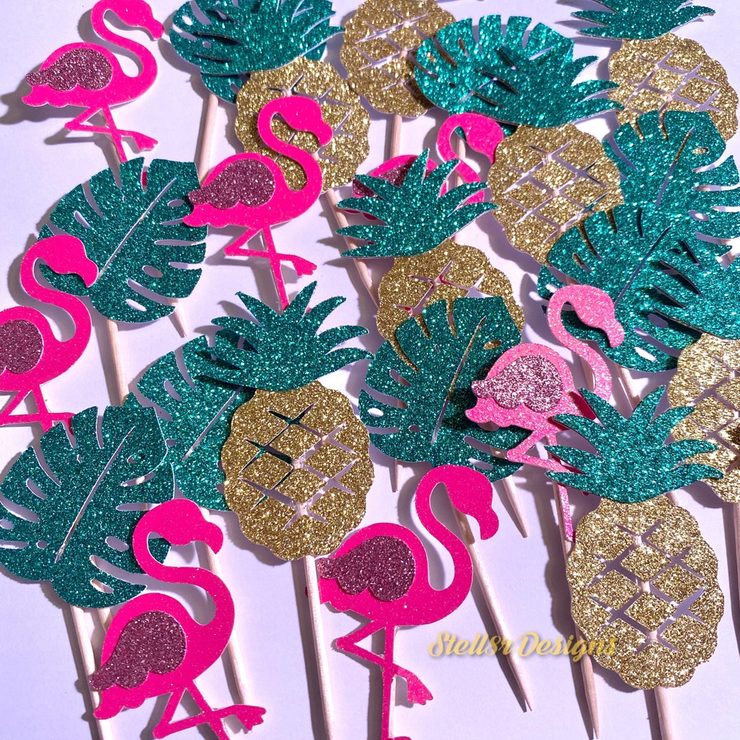 TROPICAL Piña Flamingo Monstera Hoja CUPCAKE Toppers / Postre Toppers ...