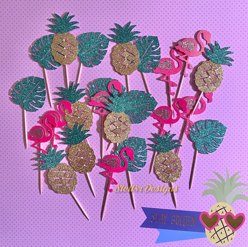 TROPICAL Piña Flamingo Monstera Hoja CUPCAKE Toppers / Postre - Etsy España