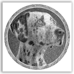 May include: A circular string art portrait of a Dalmatian dog, created with black thread on a white background. The intricate web of intersecting lines forms the detailed profile of the dog, capturing its characteristic spots and facial features.