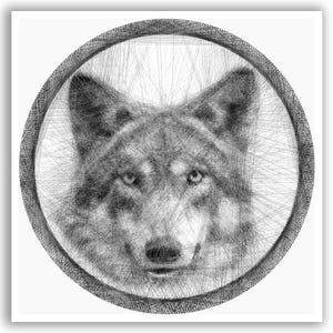 May include: A circular string art portrait of a wolf, created with black thread woven across a white background. The intricate pattern of intersecting lines forms the detailed facial features, ears, and eyes of the wolf, enclosed within a thick circular border.