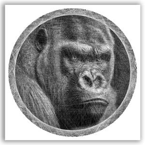 May include: A circular string art portrait of a gorilla, created with thin black and white threads layered to form the detailed facial features, eyes, and fur texture of the animal, set against a stark white background within a circular frame.