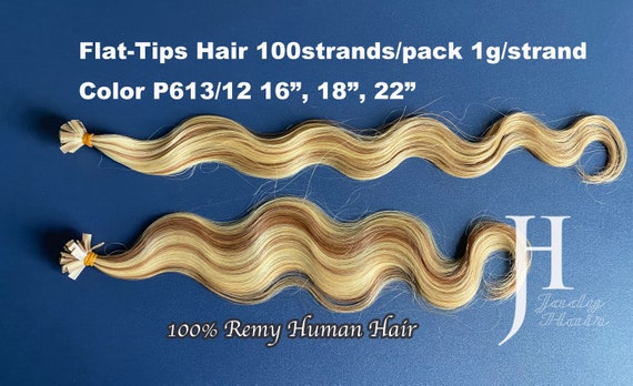 Flat/U-Tips Hair, 16", 18" &22" 100% Remy Hair, Color P613/12(Golden Blonde highlighted with Light Brown),100strands/pack, 1g/strand