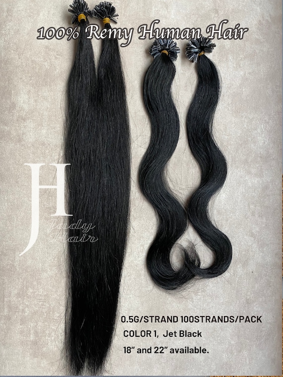 100% Human Hair, U-Tip Hair 18", 22", Color 1, Jet Black 0.5G/strand, 100Sts/pack Wavy and Straight