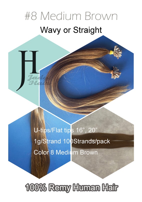U-Tip Flat Tip 100% Human Hair Extension, 16"，18" and 22", Color8 (Medium Brown),100strands/pack, 1g/strand
