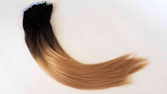 Tape in Hair Extension, 18"+, 100% Virgin Human Hair, Ombre #1B-17 Natural Black gradient to Ash Blonde, 20pc/pack, 50g/pack