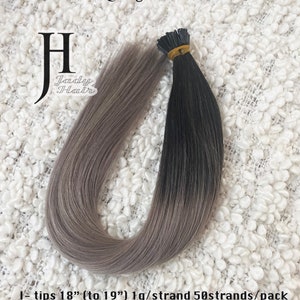 I-Tips ヘアエクステンション 18 インチ (19 インチまで)、100% 人毛、オンブルカラー #1B-シルバー (オフブラックからシルバーグレーへのグラデーション)、50 ストランド/パック、1g/ストランド