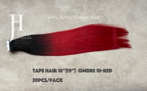 100% Human Remy Hair, Tape in Hair Extensions,18"(Actual to 19"), Ombre Color #1B-Red(From Off BLK to Red),20PCS/PACK,50G/pack