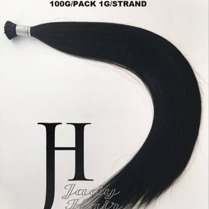 I-Tip ヘアエクステンション、ダブルドローイング、シルキーストレート 22"-23"、100% バージン レミー ヒューマンヘア、カラー 1、ジェットブラック 100 ストランド/パック、1g/ストランド