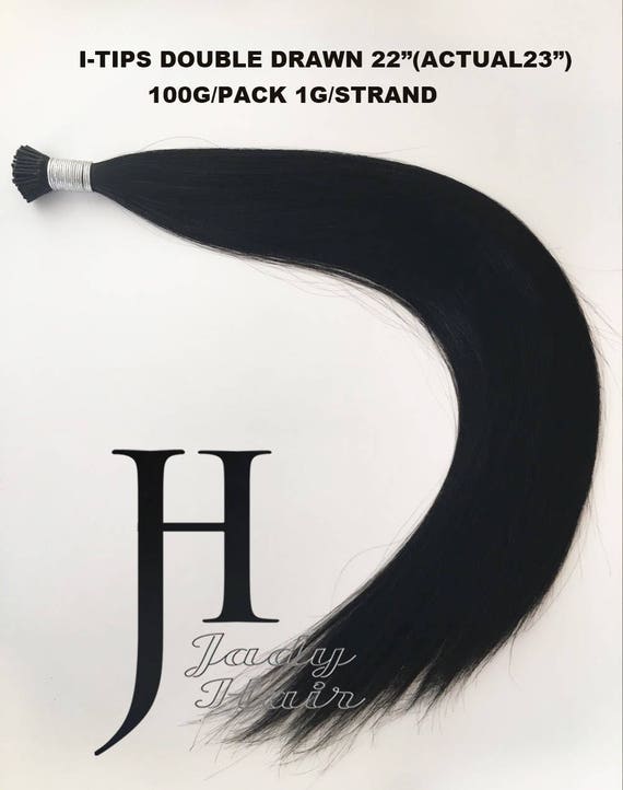 I-Tip Hair Extension, Double Drawn, silky straight 22“-23",  100% Virgin Remy Human Hair,Color 1, Jet Black 100 strands/pack, 1g/strand