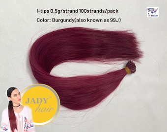 Human Hair I-Tip Hair  18", 0.5G/strand  Color Burgundy(also known as 99J)   100Sts/pack, Wavy and Straight