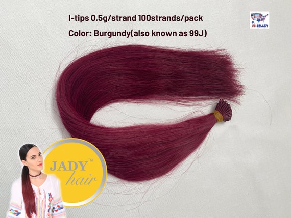 Human Hair I-Tip Hair  18", 0.5G/strand  Color Burgundy(also known as 99J)   100Sts/pack, Wavy and Straight