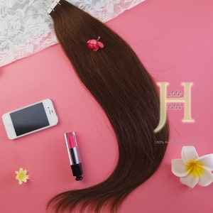 カラー#6 (チェスナットブラウン)、テープインヘアエクステンション、22インチ、シルキーストレート、100%レミー人毛、48個/パック、120g/パック
