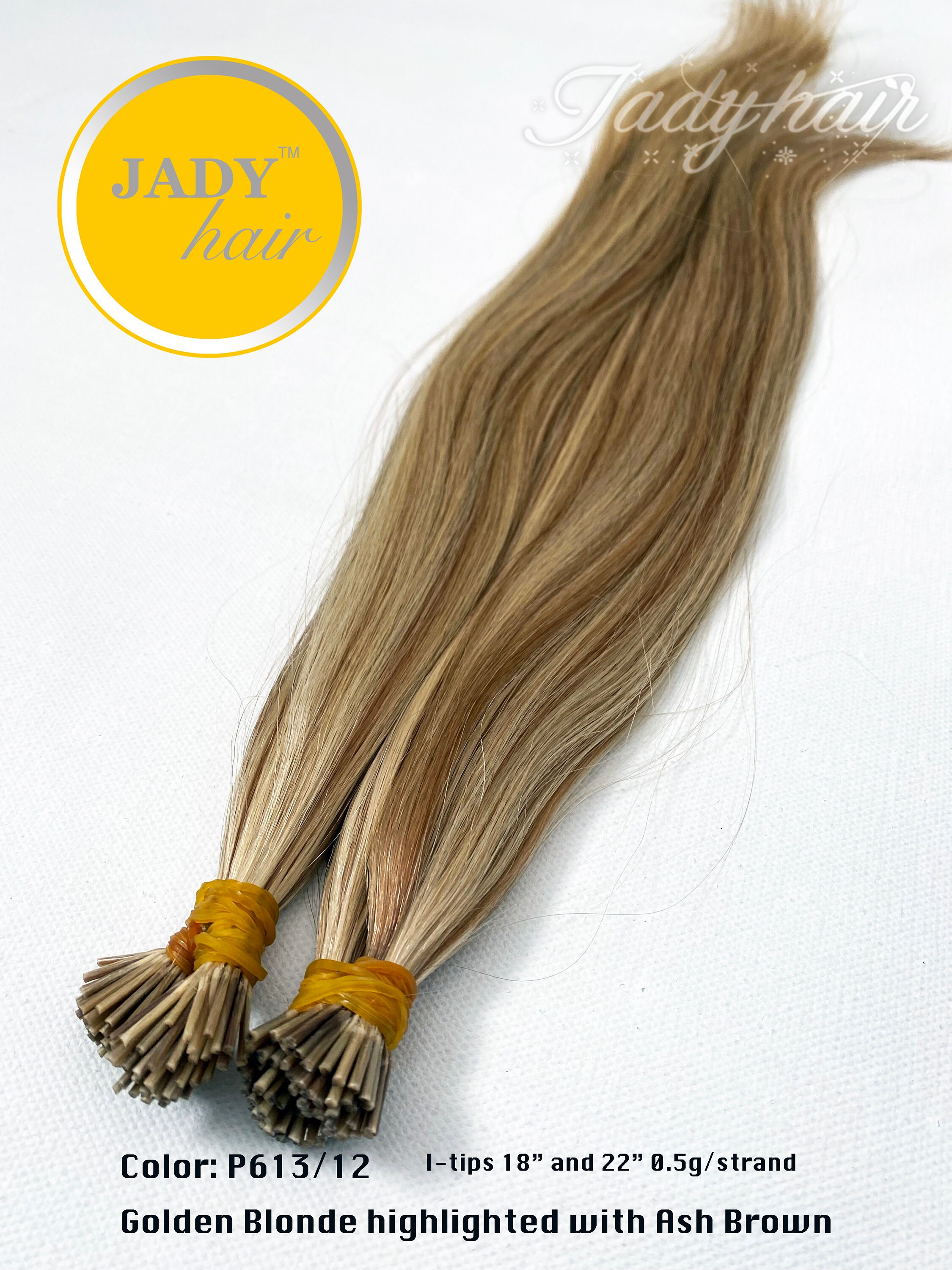 100% Remy Human hair, I-Tip Hair 22 and 18, /strand Color P613/12 Golden blonde highlighted with light ash brown, 100Sts/pack 100% Remy Human hair, I-Tip Hair 22 and 18, /strand Color P613/12 Golden blonde highlighted with light ash brown, 100Sts/pack