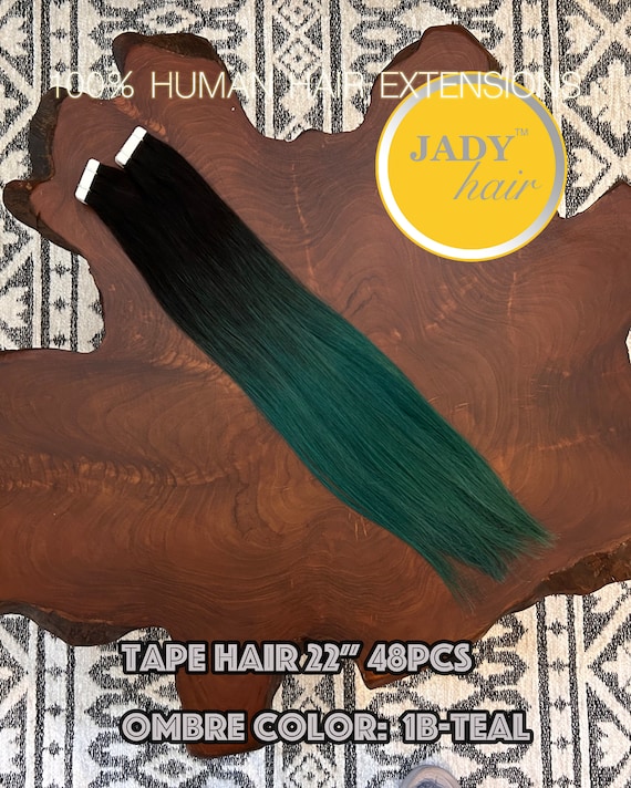 Tape in Hair Extensions,22", 100% Remy Human Hair,Ombre Color 1B-Teal Black gradient to teal green, 48PCS/PACK,120G/PACK