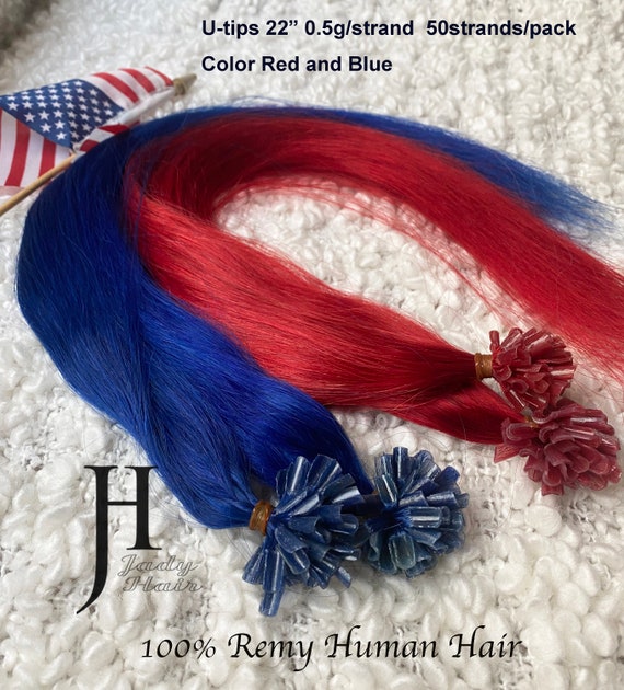 100% Human Hair, U-Tip Hair 22", Color Red, Color Blue 0.5G/strand, 50Sts/pack