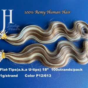 フラットチップ/Uチップヘア、さまざまな長さ、100%レミーヘア、カラー12/613（ライトブラウンにゴールデンブロンドのハイライト）、100本/パック、1g/本