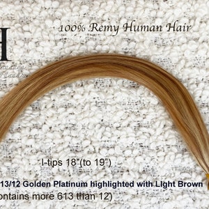 100% レミー人毛 I チップ ヘアエクステンション 18 インチと 22 インチ、1G/st。カラー P613/12 ゴールデンブロンド、ライトブラウンのハイライト、100 ストランド/パック