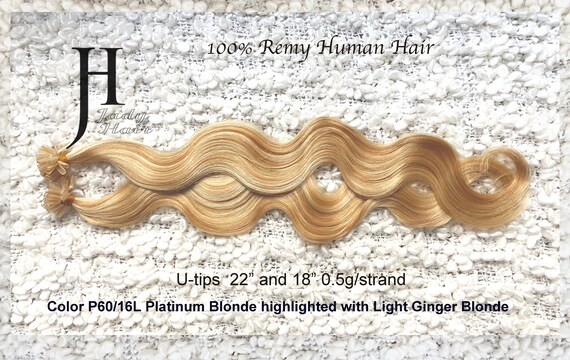 100% Human Hair, U-Tip Hair 18", 22", Color P60/16L, Platinum Blonde highlited with Light Ginger 0.5G/strand, 100Sts/pack Wavy and Straight