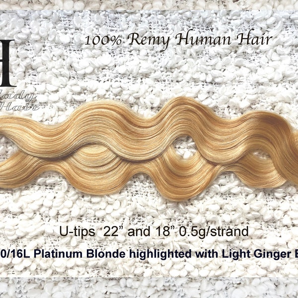 100% Human Hair, U-Tip Hair 18", 22", Color P60/16L, Platinum Blonde highlited with Light Ginger 0.5G/strand, 100Sts/pack Wavy and Straight