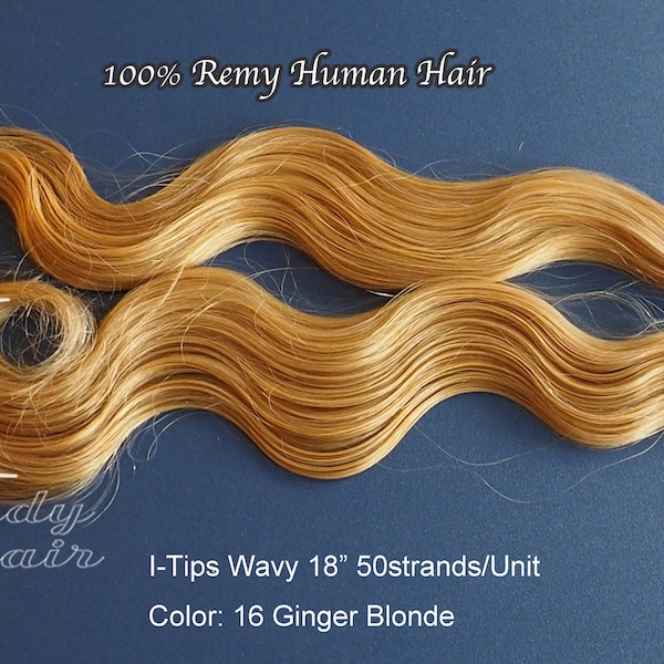 I-Tip Hair Extension 18", Wavy and straight, 1G/strand  Color 16 Ginger Blonde  100 Strands/pack 100% Remy Human Hair