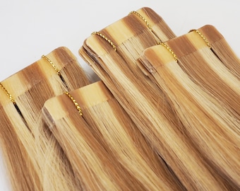 Tape in Hair Extension, 18", Double Drawn, 100% Remy Human Hair, 27/613 Warm Blonde Highlighted, 20pc/pack, 50g/pack