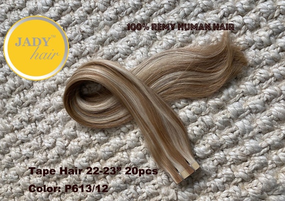 Tape Hair Extension 22"(ACTUAL TO 23"), 100% Virgin Remy Hair, P613/12 blonde highlighted with ash brown, 20pcs/pack,