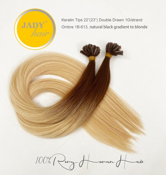 100% Human Remy Hair Extensions, Keratin tips 22-23" double drawn , Ombre 1B-613 Natural black gradient to blonde, 100sts/pack, 1g/strand