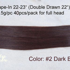 テープインヘアエクステンション、ダブルドローイング 22 インチ (全長 23 インチ)、ストレート、100% レミーヘア、カラー #2 (ダークブラウン)、40 個/パック、100 グラム/パック