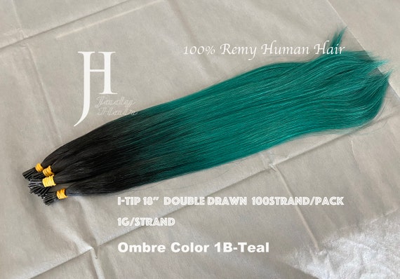 I-Tip Hair Extension 18"-19",Double Drawn 100% Virgin Remy Hair, Ombre Color 1B-Teal, 100 Strands/pack, 1g/st