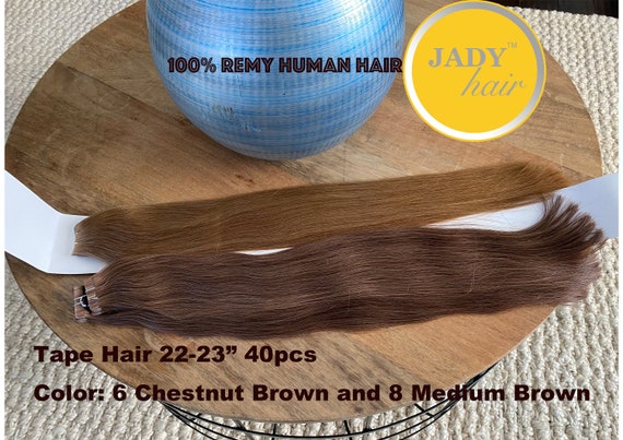 Tape Hair 22-23"double drawn, 100% Virgin Remy Human Hair, Color 6(Chestnut Brown)and 8(Medium Brown), 40pcs/pack,