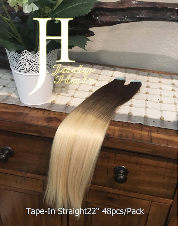 Tape in Hair Extensions,22", 100% Remy Human Hair,Ombre Color #4-613 Chocolate brown gradient to Golden Blonde, 48PCS/PACK,120G/PACK