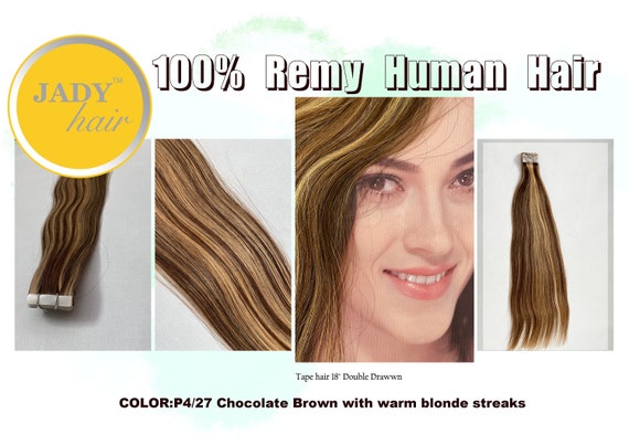 Tape-In Human remy hair extensions 18"(Actual to 19"+), Piano Color P4/27 (Chocolate brown with warm blonde streaks),20PCS/PACK,50G/pack
