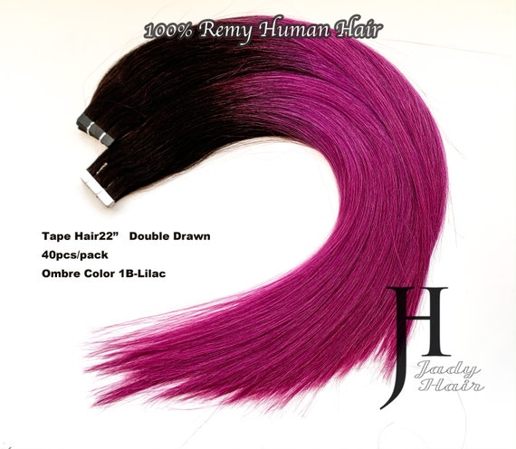 Tape Hair Extension 22"(ACTUAL TO 23"), 100% Virgin Remy Hair, Ombre Color #1B-Lilac, 40pcs/pack,