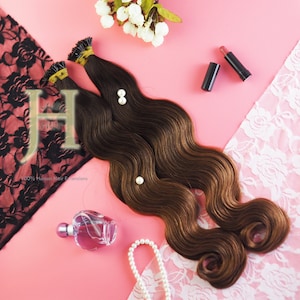I-tipヘアエクステンション22インチ、100%レミー人毛、オンブルカラー4-12（チョコレートブラウンからライトブラウンのグラデーション）、120ストランド/パック、1g/ストランド
