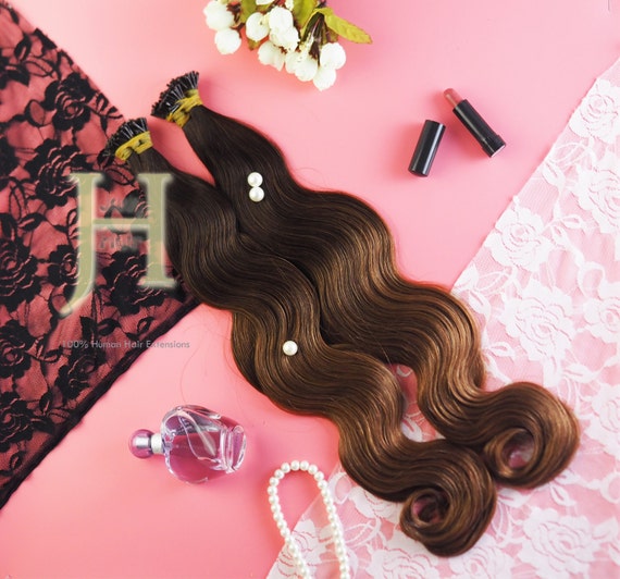 I-tip Hair Extension 22", 100% Remy Human Hair, Ombre color4-12(Gradient Chocolate Brown to Light Brown,120 strands/ pack, 1g/strand