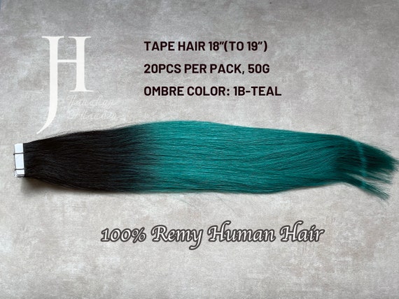 Tape In Hair Extensions 18 inch 100% Human remy hair,  Silky Straight Ombre Color #1B-Teal 20pcs/pack 50g