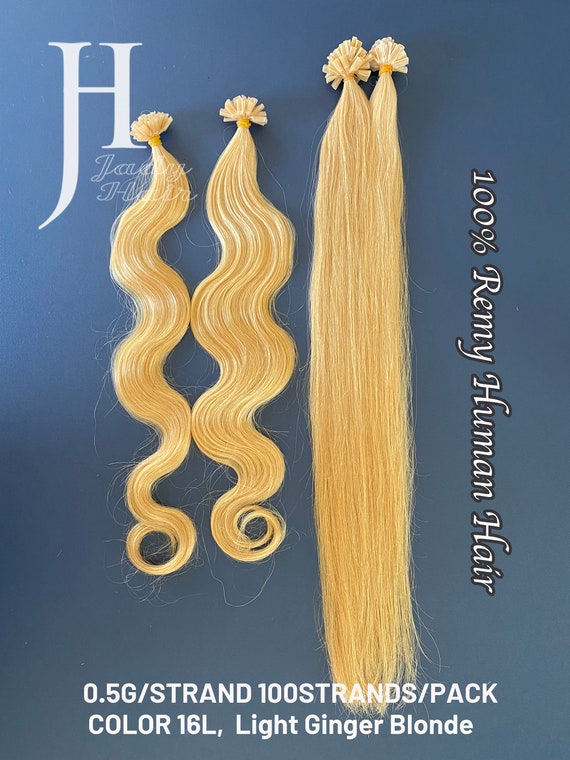 100% Human Hair, U-Tip Hair 22", Color 16L, Light Ginger Blonde 0.5G/strand, 100Sts/pack Wavy and Straight