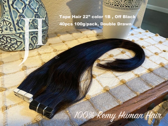 Hair Extension, Tape-In 22（23） Inches, Double Drawn, 100% Virgin Remy Human Hair, Color 1B (Off Black), 40pcs/pack, 100g/pack