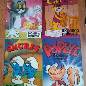 Retro Vintage Intarsia Cartoon Character Jumper Knitting patterns. Tom & Jerry, Top Cat, The Smurfs, Popeye. Comic Book Heroes