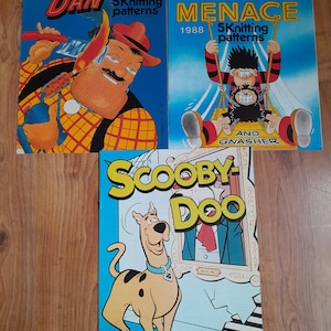 Vintage 1980's Intarsia Gary Kennedy Cartoon character knitting patterns. Scooby Doo, DesperateDan, Dennis the Menace. As new condition.