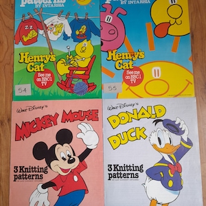 Retro Vintage Intarsia Cartoon Character Knitting Jumper Picture Patterns. Henry's Cat, Disney Mickey Mouse, Donald Duck