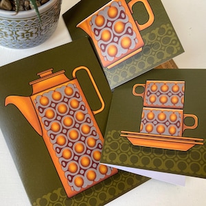 Cartes d'art, ensemble de 3 cartes à café Hornsea Bronte, cafetière du milieu du siècle, pichet Hornsea, tasses et soucoupes Hornsea, Hornsea vintage, pichet vintage